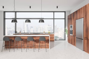 Ahşap dolaplı ve adalı modern mutfak, minimalist tasarım, şehir manzaralı geniş pencereler, parlak ve ferah iç mekan kavramı. 3B Hazırlama