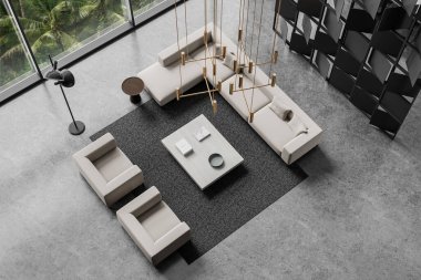 Kanepe, iki koltuk, geometrik oda ayırıcı ve tropiklerdeki panoramik pencereli ev oturma odası manzarası. Lüks mobilyalarla rahat bir köşe. 3B görüntüleme