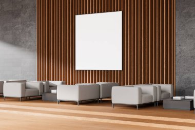 Ofis lobisinin köşesi. Yumuşak koltukları, kahve masası, kaidesi ve ahşap zemini var. İş yerinde beklemek ya da dinlenmek. Duvara çadır bezi posteri asın. 3B görüntüleme