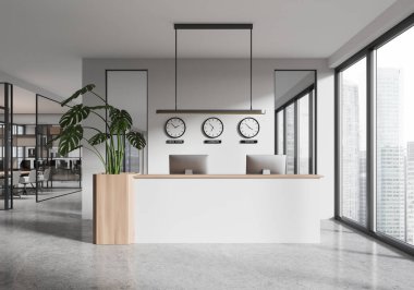 Modern ofis resepsiyon alanı ahşap bir tezgah, üç saat ve büyük bir fabrika, doğal ışık, beton zemin, minimalist tasarım konsepti. 3B Hazırlama