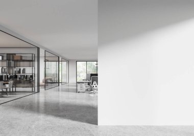 Çalışma odası ve cam toplantı odası olan beyaz ofis, klasörlü raf. Sıraya dizilmiş bilgisayar bilgisayarları. Tropik bölgelerde panoramik pencere. Uzay duvarının bölümlerini kopyala. 3B görüntüleme