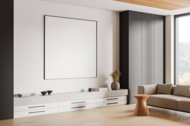 Modern ev oturma odasının köşesinde kanepe ve büfe var. Dolabı ve panoramik penceresi olan sakin bir yer. Duvara kare tuval posteri yap. 3B görüntüleme