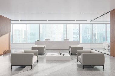 Ofis içi bekleme alanı, koltuklar ve sehpası olan. Bilgisayarlı resepsiyon masası. Camdan iş odası ve gökdelenlerin panoramik penceresi. 3B görüntüleme