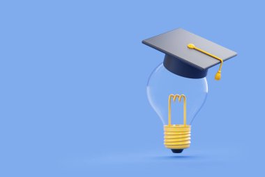 Siyah mezuniyet şapkalı çizgi film ampulü, boş mavi arka plan. Fikir, bilgi, okul eğitimi, üniversite ve iş kurma kavramı. 3B resimleme