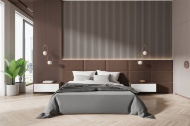 Minimalist dekorlu modern yatak odası, şık bir yatak odası, parlak ışıklandırma ve geniş pencereli saksı bitkisi. Lüks, çağdaş bir konsepte sahip ışık dolu bir oda. 3B Hazırlama