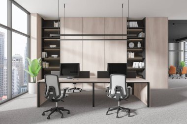 Ofis içi koltuklar ve bilgisayarlarla birlikte çalışıyor. Belgeler ve dekorasyonla dolu raflar. Toplantı odalı iş yeri. Bangkok gökdelenlerinin panoramik penceresi. 3B görüntüleme