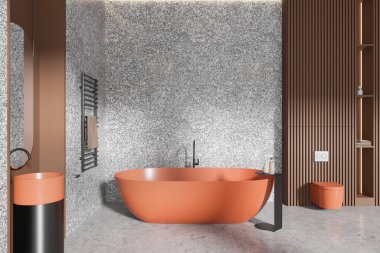 Luxury hotel bathroom interior orange sink, bathtub and wall hung toilet. Colored bathing open space with towel rail and minimalist accessories. 3D rendering clipart