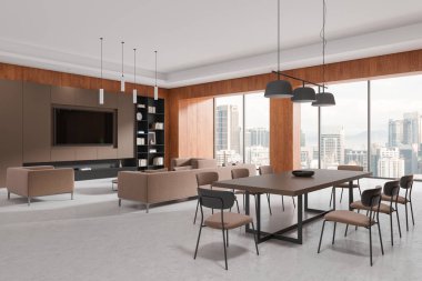 Konforlu koltukları, şık mobilyaları ve şehir manzaralı geniş pencereleri olan modern bir ofis salonu. Parlak, çağdaş iç mekan kavramı. 3B görüntüleme.