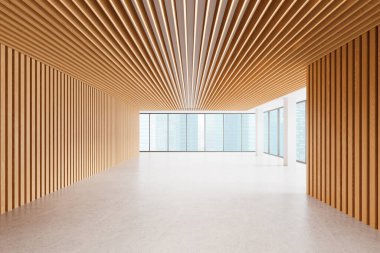 Ahşap çatallı, duvarlı, tavanlı, geniş pencereli ve düz zemini olan minimalist bir iç mekan. Parlak çağdaş mimari tasarım konsepti. 3B görüntüleme