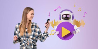 Elinde akıllı telefonuyla gülümseyen bir kadın. Robot bir çalma düğmesi tutuyor, notalı ses dalgası. Müzik, jeneratör, mobil uygulama, radyo ve yapay zeka önerisi kavramı