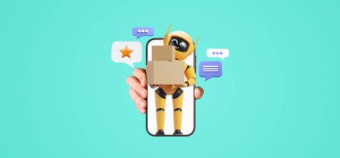 Erkek eli telefon görüntüsünü taklit ediyor, elinde paketle gülümseyen bir robot. Konuşma baloncukları, mesajlar ve geri bildirimler. Yapay zeka, lojistik ve robot teslimatı kavramı. 3B resimleme