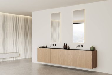 Çift lavabo, ahşap kibir, iki ayna ve aksesuar, gri beton zemin. Kırsal kesimde panoramik pencere. 3B görüntüleme