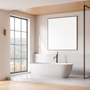 Beyaz küvetli modern minimalist banyo, büyük pencere, ahşap zemin ve tavan, mermer duvar paneli, parlak ışıklandırma. 3B görüntüleme
