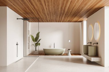 Açık uzay otel banyosu küvetli, cam bölmeli duş ve çift lavabolu. Aksesuarları ve yan masası olan taş bir raf. Minimalist tasarımı olan bej bir banyo alanı. 3B görüntüleme