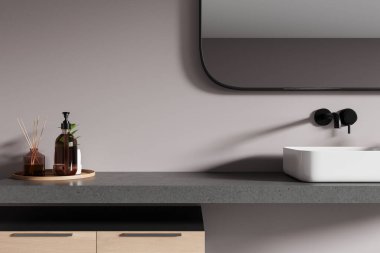 Karanlık ev banyosu, lavabo ve ayna, ahşap kibir ve boş tezgahın fotokopisi. Modern apartmandaki güzellik ve hijyen alanlarını kapatın. 3B görüntüleme