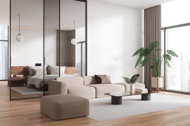 Otelin yatak odası manzarası kanepe, sehpa, cam bölme ve aksan duvarlı yatak. Singapur gökdelenlerinin panoramik penceresi. 3B görüntüleme