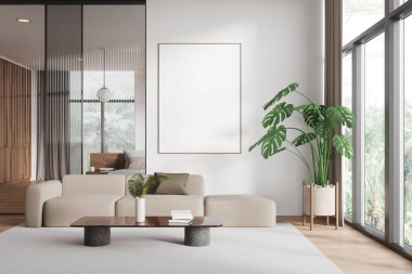 Otel odasındaki rahat kanepe, kahve masası, ahşap zeminde halı. Cam sürgülü kapılar ve yataklı uyku alanı. Tropik bölgelerde panoramik pencere. Duvara çadır bezi posteri asın. 3B görüntüleme