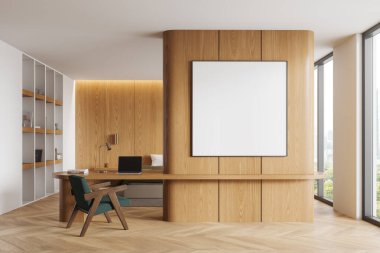 Ahşap duvarında boş resim çerçevesi olan modern ofis, minimalist tasarım, aydınlık iç mekan, çalışma alanı estetiği kavramı. 3B görüntüleme