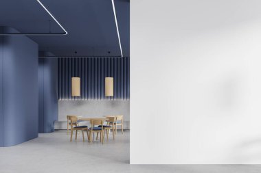 Renkli kafeteryaların içi sandalye ve masalarla dolu, zemin aydınlık beton. Modern mobilya ve lambalarla yenen lüks mavi kafe. Boş duvar bölmesini düzenle. 3B görüntüleme