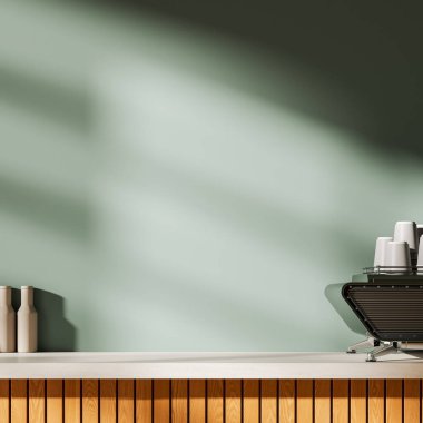 Kafenin içinde kağıt bardaklar olan kahve makinesi, mutfak gereçleri olan boş fotokopi makinesi. Restoran, kafeterya, bar ya da kahve dükkanı. Model ürün görüntüsü. 3B görüntüleme