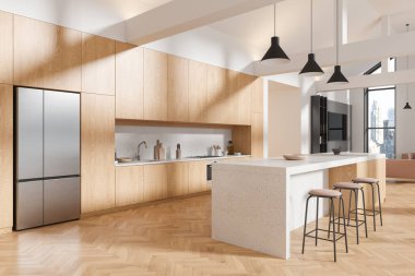 Ev mutfağının iç mekan adası ve tabure köşesi, dolaplı ahşap dolap ve ahşap zemin rafları. Gökdelenlerin panoramik penceresi. 3B görüntüleme