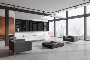 Oturma odasının köşesinde rahatlama ve yeme alanı, televizyon ekranı ve koltuklar var. Oda ayırıcısının arkasında sandalyeler olan yemek masası. Gökdelenlerin panoramik penceresi. 3B görüntüleme