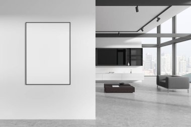 Konforlu ev oturma odası koltuğu ve büfesi dekoratif kahve masası. Gökdelenlerin panoramik penceresi. Duvar bölmesindeki tuval posterini taklit et. 3B görüntüleme