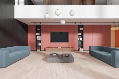 Şık mavi koltukları, kırmızı aksanlı duvarları ve dahili rafları olan geniş bir oturma odası. Hafif ahşap döşemeli minimalist tasarım. 3B Hazırlama