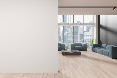 Şık ofis lobisi kanepede, koltuklarda, sehpalarda ve ahşap zeminde dinlenme yerleri. Bangkok gökdelenlerinin panoramik penceresi. Boş duvar bölmesini düzenle. 3B görüntüleme