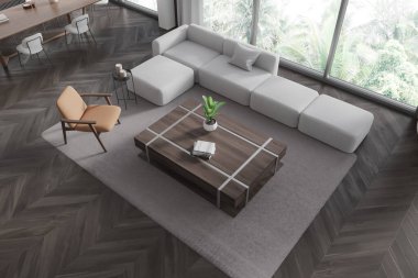 Oturma odasının en iyi manzarası. Kanepe, koltuk, kahve masası. Ahşap zeminde masa ve sandalyeler yemek. Panoramik pencerenin yakınındaki yemek ve dinlenme bölgesi. 3B görüntüleme