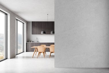 Modern ev mutfağı ahşap yemek masası, sandalyeler, beton zeminde koyu renk yemek dolabı. Tropik bölgelerde panoramik pencere. Boş taş duvar bölmesini düzenle. 3B görüntüleme