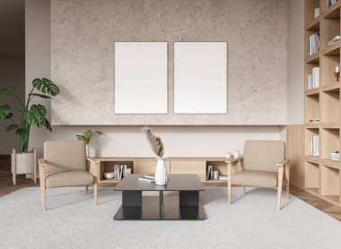 İçinde iki boş çerçeveli poster, minimalist mobilyalar, bitkiler ve rahat bir halı bulunan modern oturma odası. Poster modeli konsepti. 3B Hazırlama