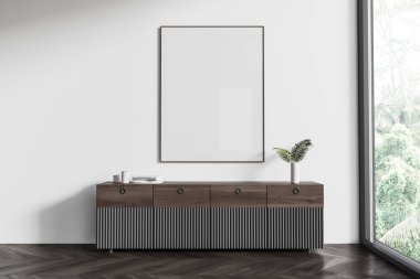 Açık renkli oturma odası, karanlık büfe, siyah ahşap döşeme. Sıcak İskandinav tasarımı ve tropik bölgelerde panoramik pencere. Tuvalin posterini hazırla. 3B görüntüleme