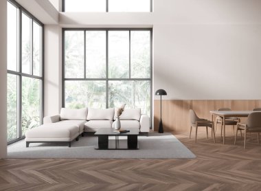 Geniş bir bölmeli kanepe, gösterişli bir sehpa ve ahşap aksanlı yemek masası olan modern oturma odası. Çağdaş iç tasarımın 3B görüntülenmesi