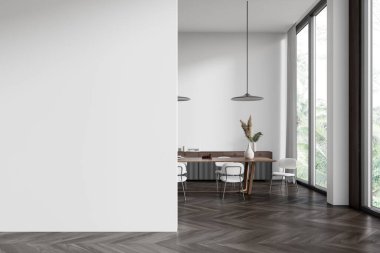 Oturma odasının içi yemek masası ve sandalyelerle dolu. Koyu ahşap zeminde sanat süslemeleri olan büfe. Tropik bölgelerde panoramik pencere. Boşluğu kopyalamak için duvar bölümü boş. 3B görüntüleme