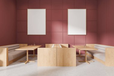 Kanepesi, ahşap masaları, beton zemini olan renkli bir restoran. Minimalist yemek alanı. Kırmızı duvarda iki tane tuval poster var. 3B görüntüleme