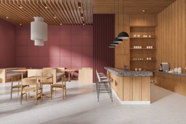 Ahşap ve kırmızı kafe içi bar tezgahı ve mutfak tezgahı, bulaşık dolu raflar. Renkli yemek masası, kanepe ve beton zeminde sandalyeleri olan bir yer. 3B görüntüleme