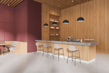 İçinde ahşap elementler, bar tabureli mermer bir tezgah ve kabin koltukları olan modern bir iç mekan. Çağdaş tasarım. 3B Hazırlama