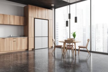 Mutfak manzarası, yemek masası, sandalyeler, gökdelenlerin panoramik penceresi. Dolap ve buzdolabı ile yemek pişirme ve yeme alanı. 3B görüntüleme