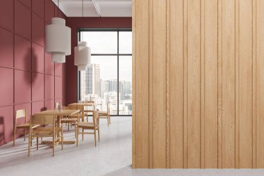 İçi ahşap sandalyelerle dolu kırmızı restoran masaları, parlak beton zemin. Kuala Lumpur 'da panoramik pencereli rahat bir kafe. Boşluk boş duvar bölümünü kopyala. 3B görüntüleme