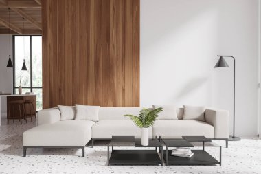 Minimalist oturma odası, beyaz bir kanepe, ahşap duvar aksanları, siyah sehpa ve terrazzo zemininde yer lambası. Modern ev dekorasyonu. Hafif arkaplan. 3B görüntüleme.