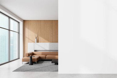 Oturma odasının iç tarafında kanepe ve halı üzerinde kahve masası var. Singapur gökdelenlerinde dekorasyonu ve panoramik penceresi olan taş bir raf. Boş duvar bölmesini düzenle. 3B görüntüleme