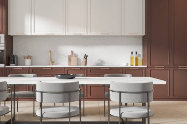 Beyaz ve kahverengi mutfak masası sandalyeli yemek masası, klasik tasarımı olan yemek dolabı. Modern dairede yer döşemesi olan yemek alanının kapanışı. 3B görüntüleme