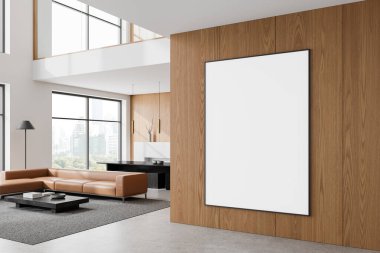 Oturma odası manzarası kanepe, sehpa, yemek masası ve sandalyelerle dolu. İki katlı bir daire ve gökdelenlerin panoramik penceresi. Tuvalin posterini hazırla. 3B görüntüleme