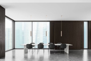 Şık bir oturma odası, yemek masası, beton zeminde sandalyeler. Minimalist mobilyalarla yer kaplamak. Singapur gökdelenlerinin panoramik penceresi. 3B görüntüleme