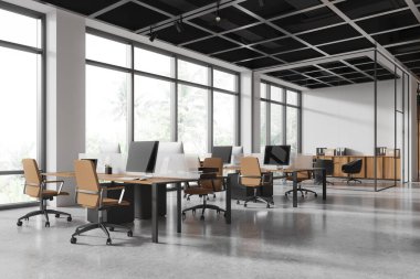 Ofis manzarası, çalışma odası ve cam toplantı odası, klasörlü çekmece. Bilgisayarları olan kurumsal bir iş yeri. Panoramik pencere. 3B görüntüleme