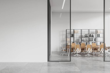 Cam konferans odasında koltuklar, tahta tahta tahta ve yerde klasörler var. Beyaz toplantı yeri ve boş duvar bölmesi. 3B görüntüleme