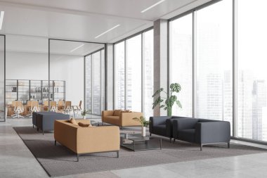 Ofis içi iç mekan, koltuklar, kahve masası, beton zeminde halı. Cam konferans odası ve dokümanlarla dolu raf. Gökdelenlerin panoramik penceresi. 3B görüntüleme