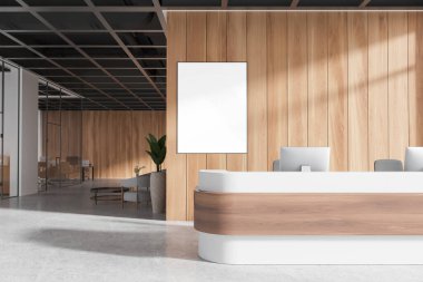 Ahşap duvarları, beyaz bir tezgahı ve boş bir dikey posteri olan modern ofis resepsiyonu. Minimalist tasarım. Işık ayarları. Ofis içi konsept. 3B görüntüleme