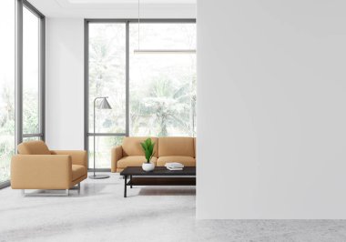 İş lobisinde bej kanepe ve yumuşak koltuk, beton zeminli siyah kahve masası. Tropik bölgelerde panoramik pencere. Boş duvar bölmesini düzenle. 3B görüntüleme